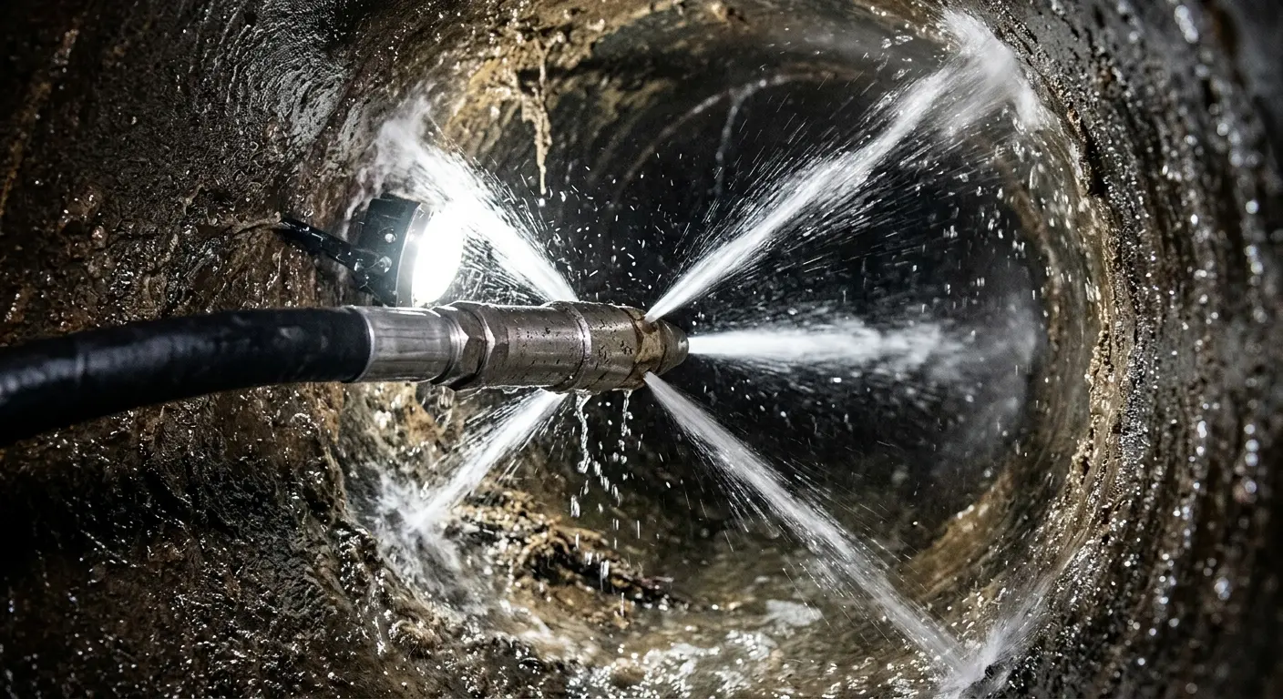 High-pressure hydro jetting nozzle cleaning sewer pipe for Emergency Drain Service in West Ocean City