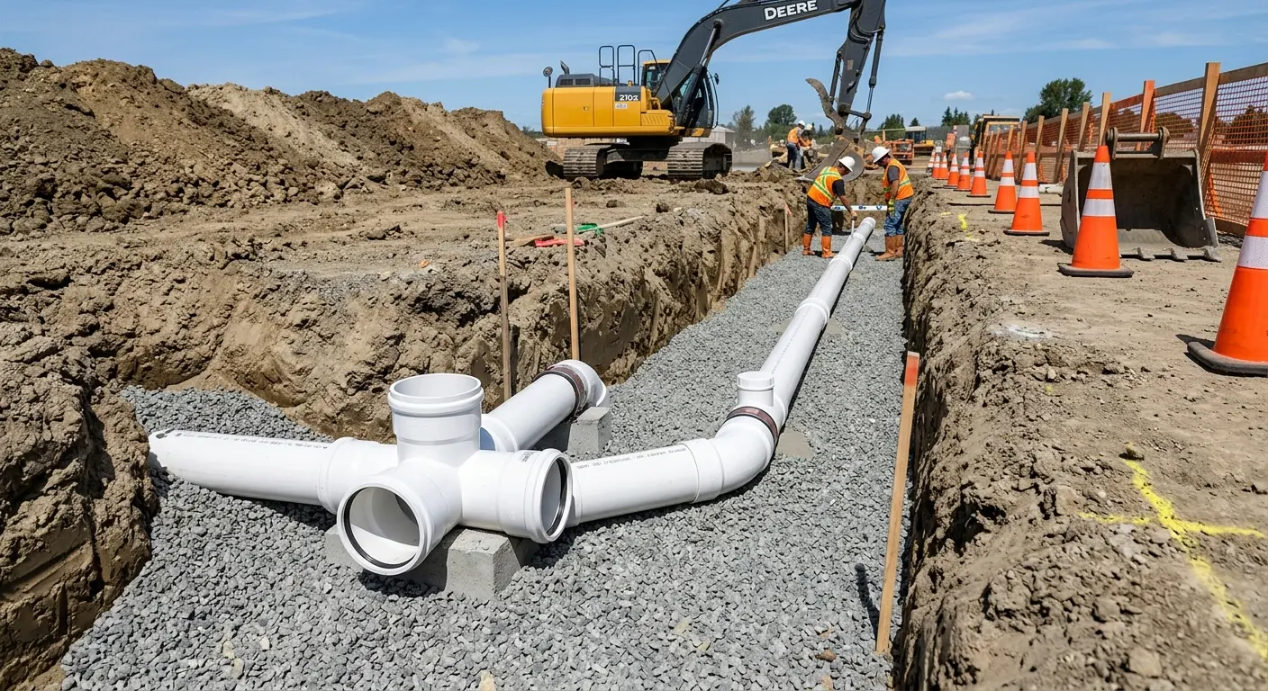 New PVC sewer pipe installation in open trench for Commercial Drain Cleaning in West Ocean City