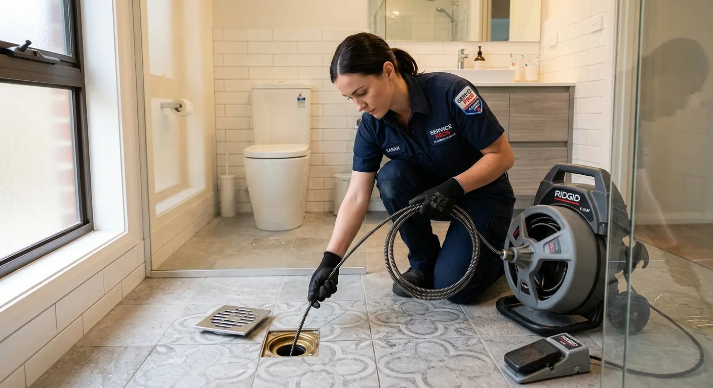 Technician clearing a bathroom floor drain for Drain Repair in West Ocean City
